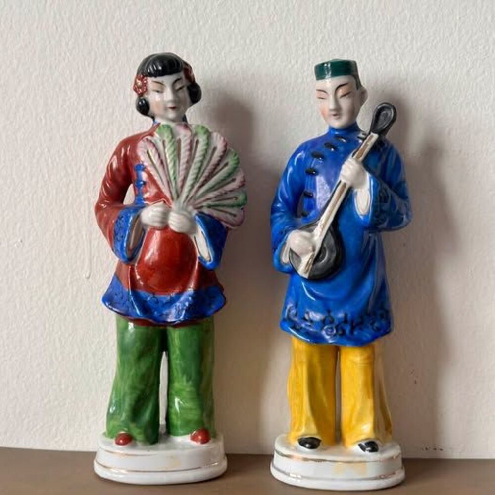 Vintage Japanese Porcelain Figurine Pair Hand Painted Asian Man & Woman